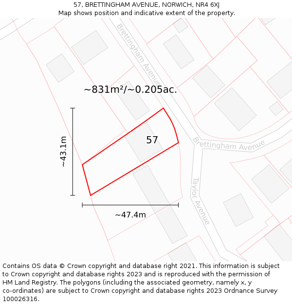 57, BRETTINGHAM AVENUE, NORWICH, NR4 6XJ: Plot and title map