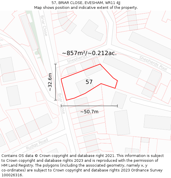 57, BRIAR CLOSE, EVESHAM, WR11 4JJ: Plot and title map