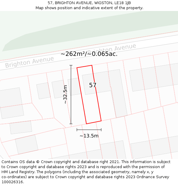 57, BRIGHTON AVENUE, WIGSTON, LE18 1JB: Plot and title map