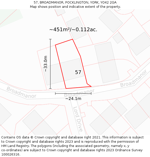 57, BROADMANOR, POCKLINGTON, YORK, YO42 2GA: Plot and title map