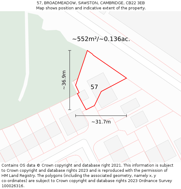 57, BROADMEADOW, SAWSTON, CAMBRIDGE, CB22 3EB: Plot and title map