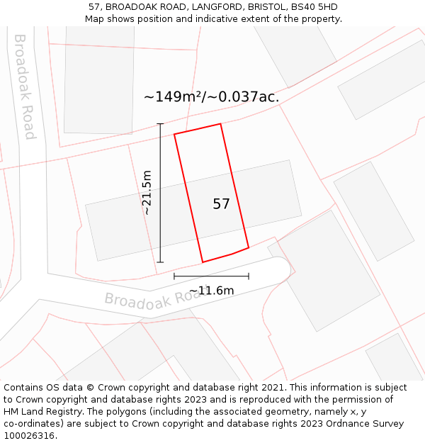 57, BROADOAK ROAD, LANGFORD, BRISTOL, BS40 5HD: Plot and title map