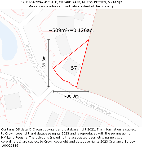 57, BROADWAY AVENUE, GIFFARD PARK, MILTON KEYNES, MK14 5JD: Plot and title map