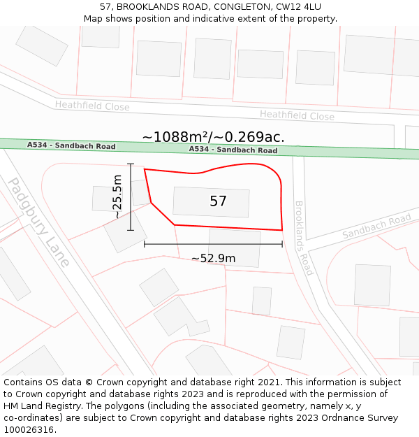 57, BROOKLANDS ROAD, CONGLETON, CW12 4LU: Plot and title map