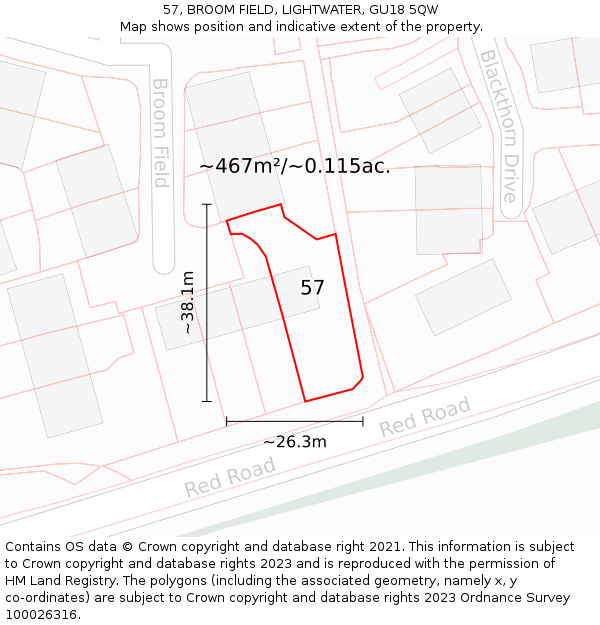 57, BROOM FIELD, LIGHTWATER, GU18 5QW: Plot and title map