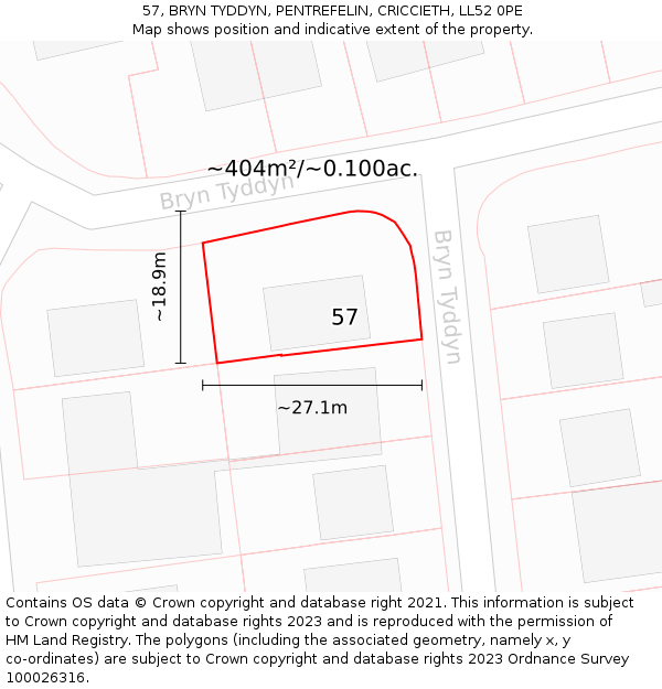 57, BRYN TYDDYN, PENTREFELIN, CRICCIETH, LL52 0PE: Plot and title map