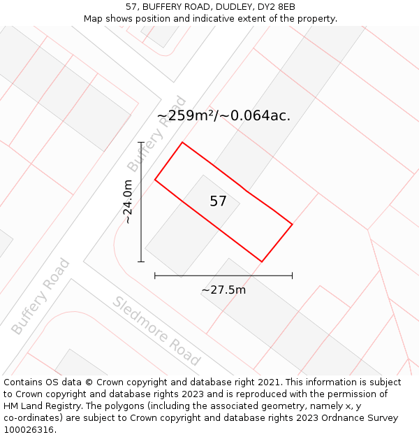 57, BUFFERY ROAD, DUDLEY, DY2 8EB: Plot and title map