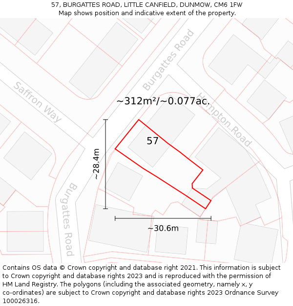 57, BURGATTES ROAD, LITTLE CANFIELD, DUNMOW, CM6 1FW: Plot and title map