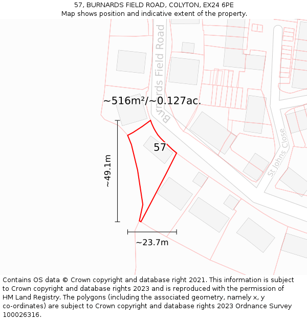 57, BURNARDS FIELD ROAD, COLYTON, EX24 6PE: Plot and title map