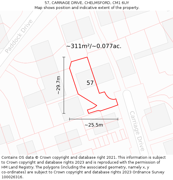 57, CARRIAGE DRIVE, CHELMSFORD, CM1 6UY: Plot and title map