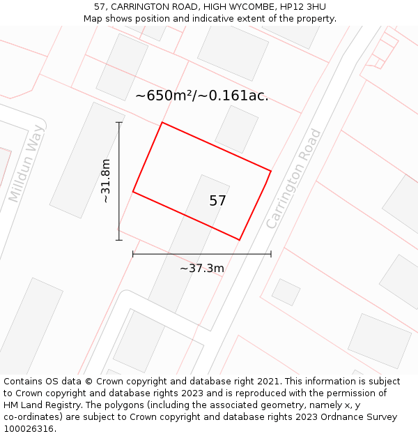 57, CARRINGTON ROAD, HIGH WYCOMBE, HP12 3HU: Plot and title map