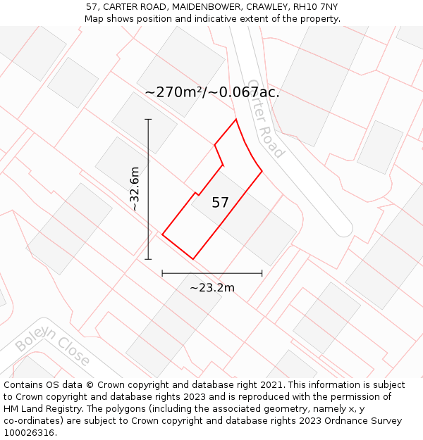 57, CARTER ROAD, MAIDENBOWER, CRAWLEY, RH10 7NY: Plot and title map