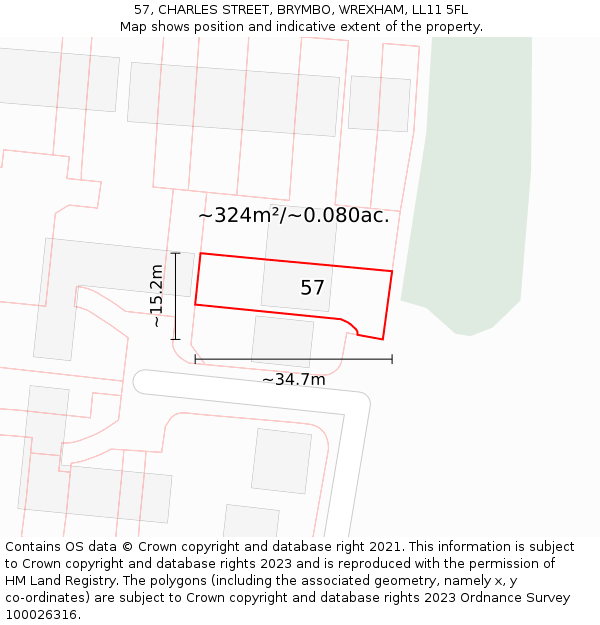 57, CHARLES STREET, BRYMBO, WREXHAM, LL11 5FL: Plot and title map