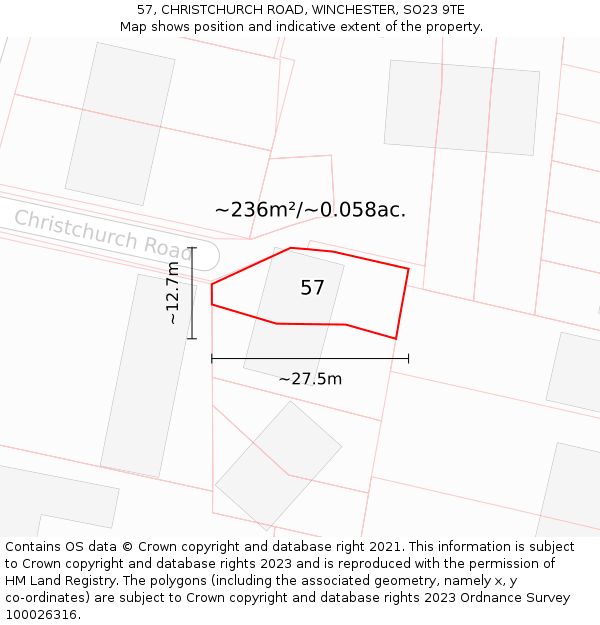 57, CHRISTCHURCH ROAD, WINCHESTER, SO23 9TE: Plot and title map