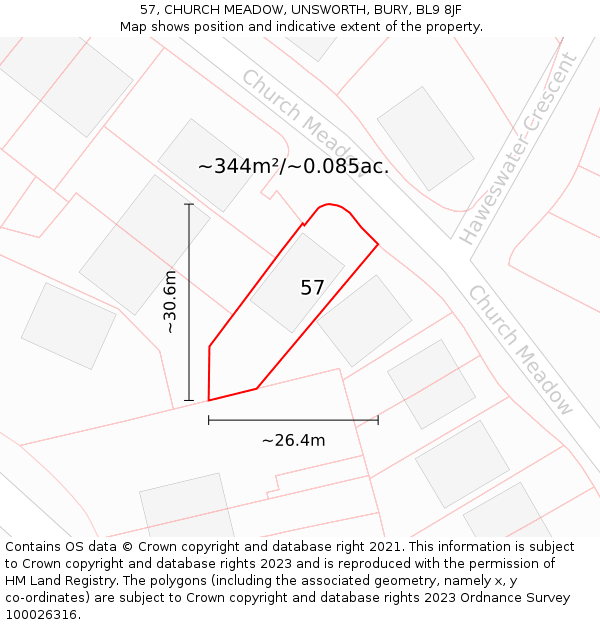 57, CHURCH MEADOW, UNSWORTH, BURY, BL9 8JF: Plot and title map