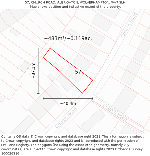 57, CHURCH ROAD, ALBRIGHTON, WOLVERHAMPTON, WV7 3LH: Plot and title map