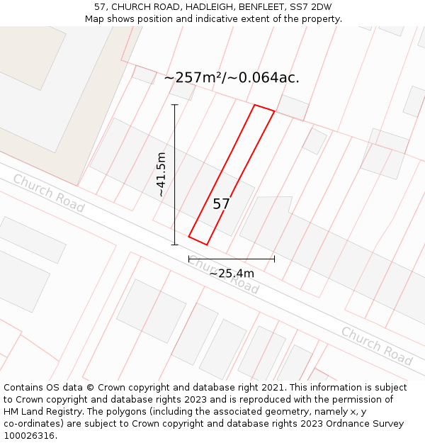 57, CHURCH ROAD, HADLEIGH, BENFLEET, SS7 2DW: Plot and title map