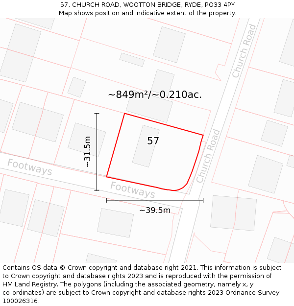 57, CHURCH ROAD, WOOTTON BRIDGE, RYDE, PO33 4PY: Plot and title map