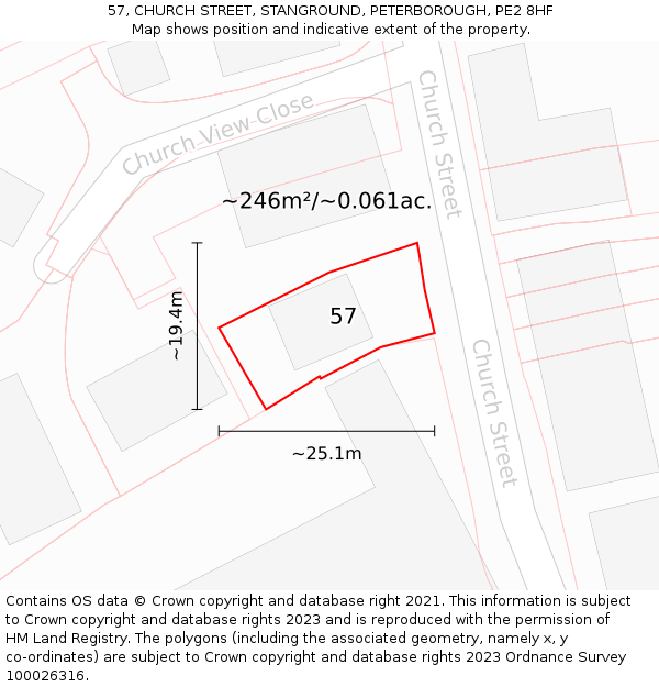 57, CHURCH STREET, STANGROUND, PETERBOROUGH, PE2 8HF: Plot and title map