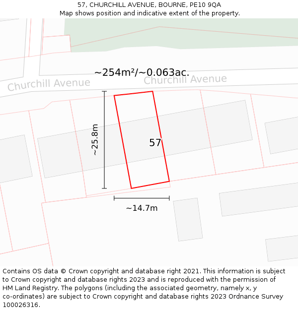 57, CHURCHILL AVENUE, BOURNE, PE10 9QA: Plot and title map