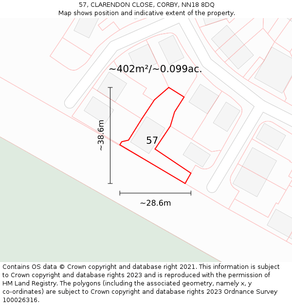 57, CLARENDON CLOSE, CORBY, NN18 8DQ: Plot and title map