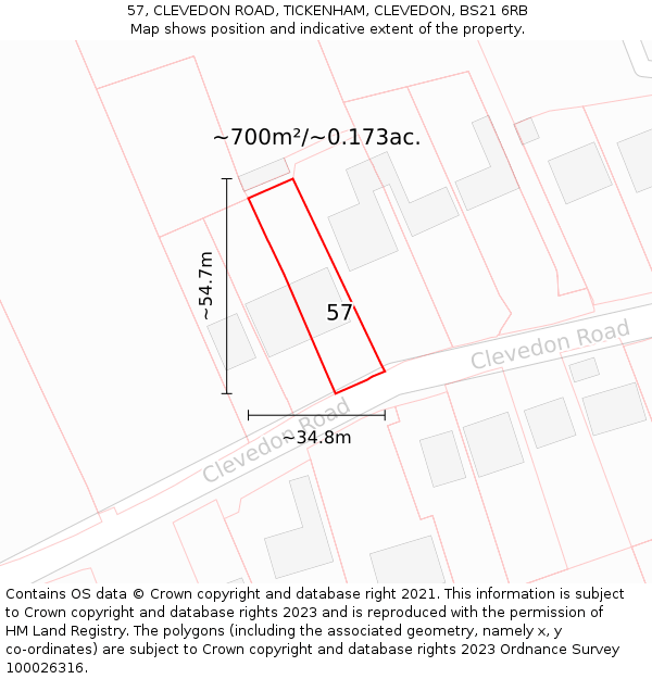 57, CLEVEDON ROAD, TICKENHAM, CLEVEDON, BS21 6RB: Plot and title map