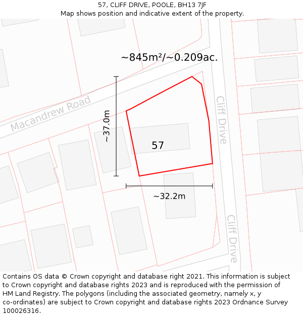 57, CLIFF DRIVE, POOLE, BH13 7JF: Plot and title map