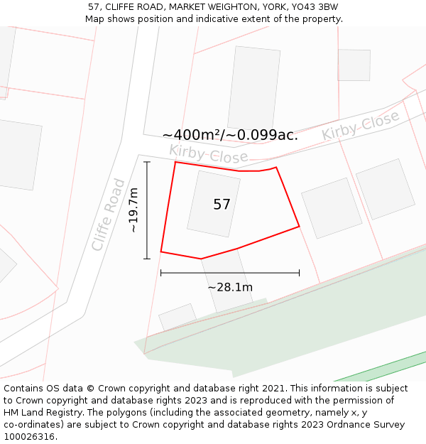 57, CLIFFE ROAD, MARKET WEIGHTON, YORK, YO43 3BW: Plot and title map