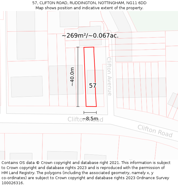 57, CLIFTON ROAD, RUDDINGTON, NOTTINGHAM, NG11 6DD: Plot and title map