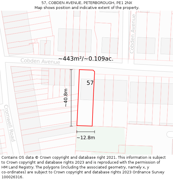 57, COBDEN AVENUE, PETERBOROUGH, PE1 2NX: Plot and title map