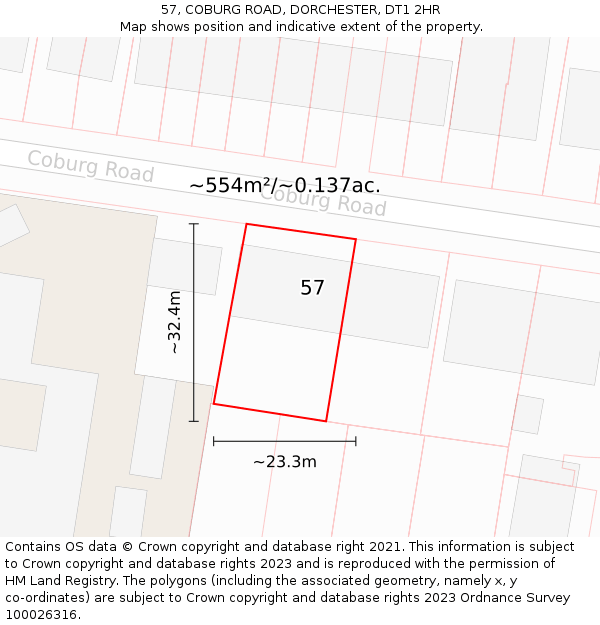 57, COBURG ROAD, DORCHESTER, DT1 2HR: Plot and title map