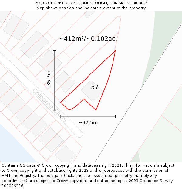 57, COLBURNE CLOSE, BURSCOUGH, ORMSKIRK, L40 4LB: Plot and title map