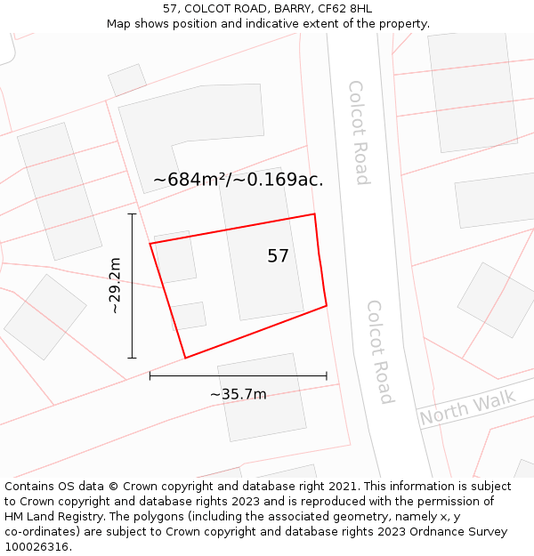 57, COLCOT ROAD, BARRY, CF62 8HL: Plot and title map