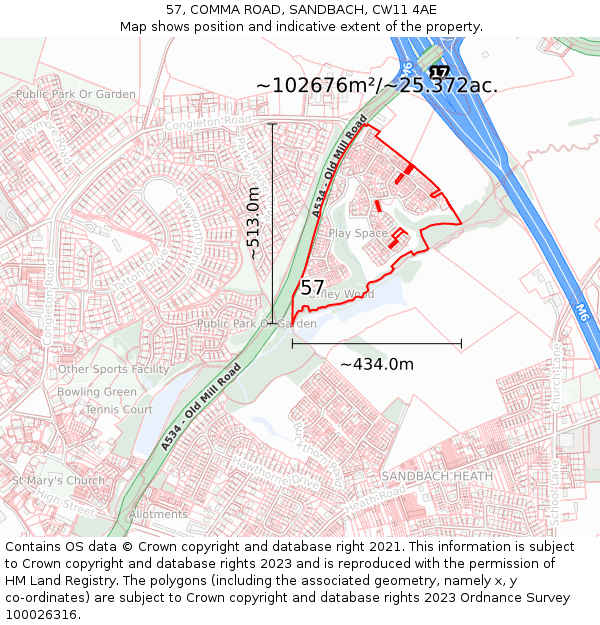 57, COMMA ROAD, SANDBACH, CW11 4AE: Plot and title map