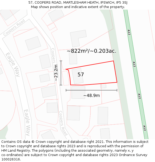 57, COOPERS ROAD, MARTLESHAM HEATH, IPSWICH, IP5 3SJ: Plot and title map