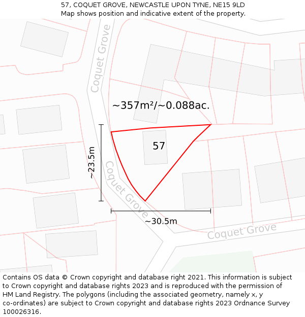 57, COQUET GROVE, NEWCASTLE UPON TYNE, NE15 9LD: Plot and title map