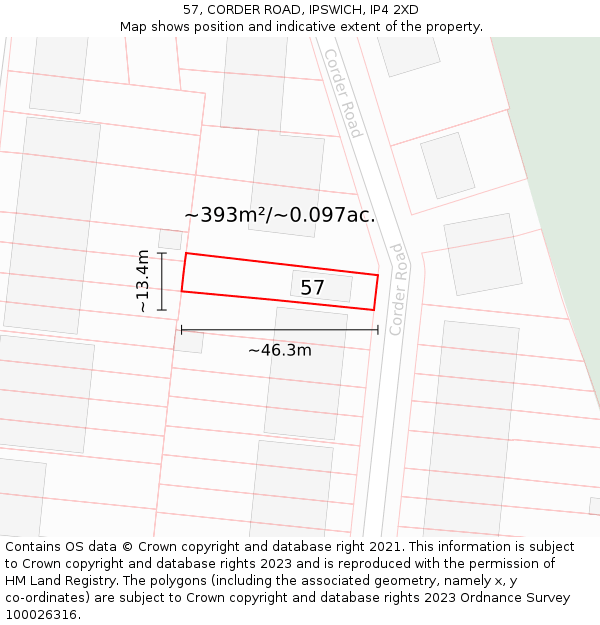 57, CORDER ROAD, IPSWICH, IP4 2XD: Plot and title map