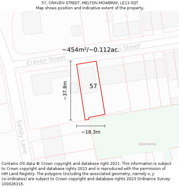 57, CRAVEN STREET, MELTON MOWBRAY, LE13 0QT: Plot and title map