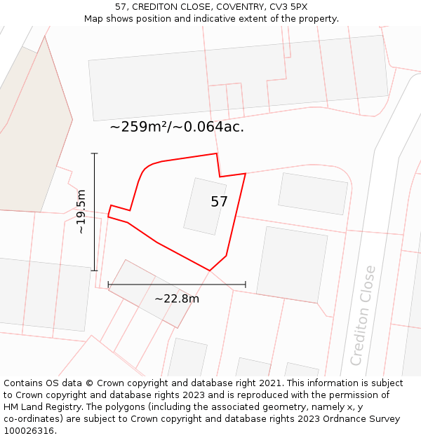 57, CREDITON CLOSE, COVENTRY, CV3 5PX: Plot and title map