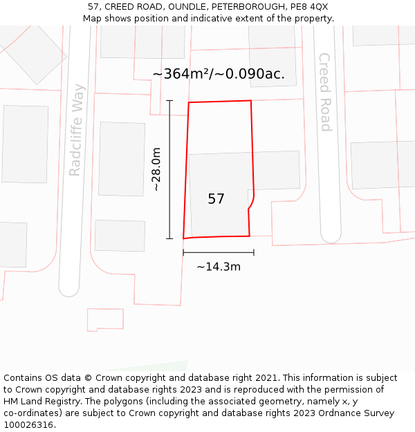 57, CREED ROAD, OUNDLE, PETERBOROUGH, PE8 4QX: Plot and title map