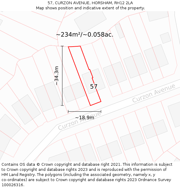 57, CURZON AVENUE, HORSHAM, RH12 2LA: Plot and title map