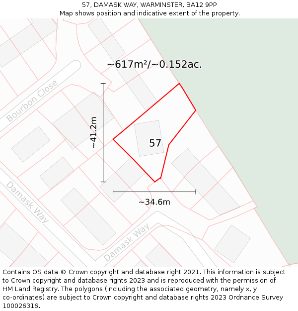 57, DAMASK WAY, WARMINSTER, BA12 9PP: Plot and title map