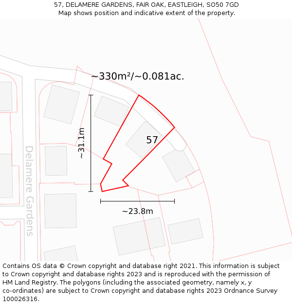 57, DELAMERE GARDENS, FAIR OAK, EASTLEIGH, SO50 7GD: Plot and title map