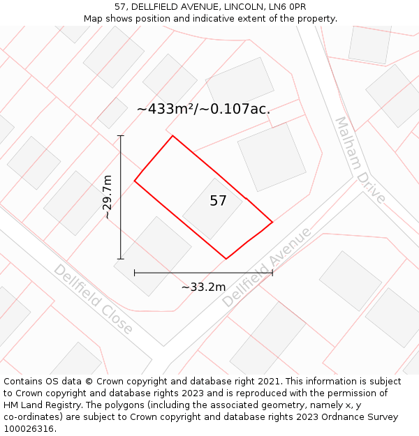 57, DELLFIELD AVENUE, LINCOLN, LN6 0PR: Plot and title map