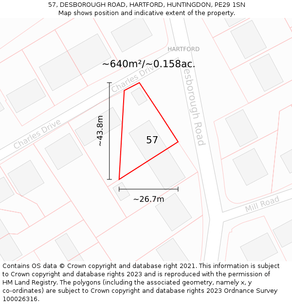 57, DESBOROUGH ROAD, HARTFORD, HUNTINGDON, PE29 1SN: Plot and title map