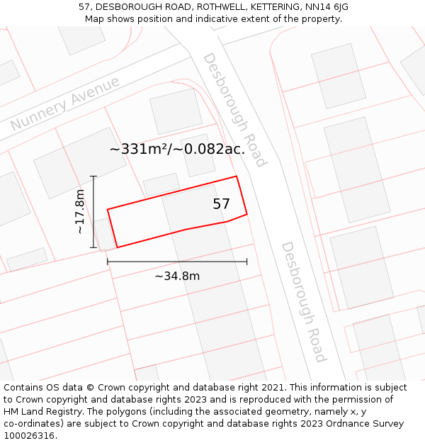 57, DESBOROUGH ROAD, ROTHWELL, KETTERING, NN14 6JG: Plot and title map