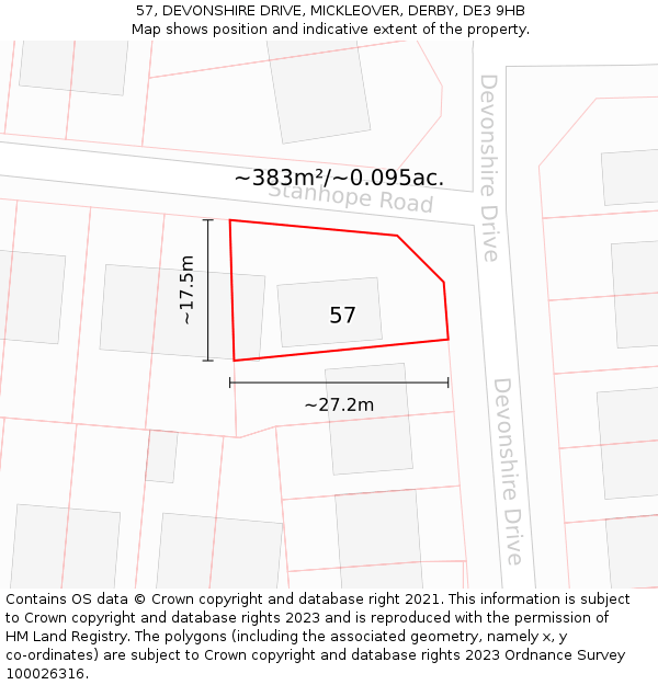 57, DEVONSHIRE DRIVE, MICKLEOVER, DERBY, DE3 9HB: Plot and title map