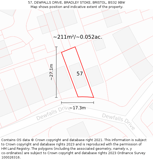 57, DEWFALLS DRIVE, BRADLEY STOKE, BRISTOL, BS32 9BW: Plot and title map