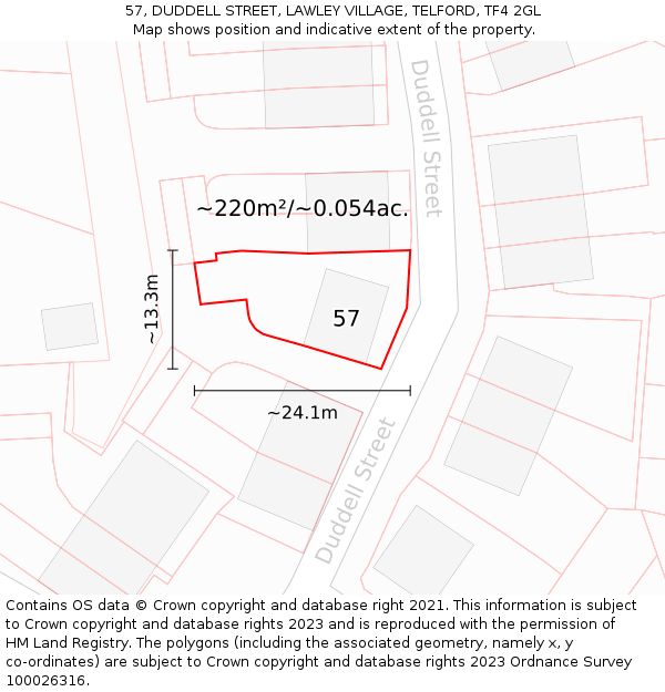 57, DUDDELL STREET, LAWLEY VILLAGE, TELFORD, TF4 2GL: Plot and title map
