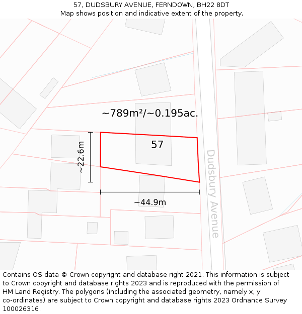 57, DUDSBURY AVENUE, FERNDOWN, BH22 8DT: Plot and title map